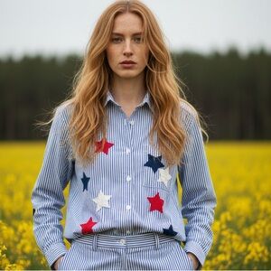 BFA Classics vintage long sleeved embroidered patriotic button down Top